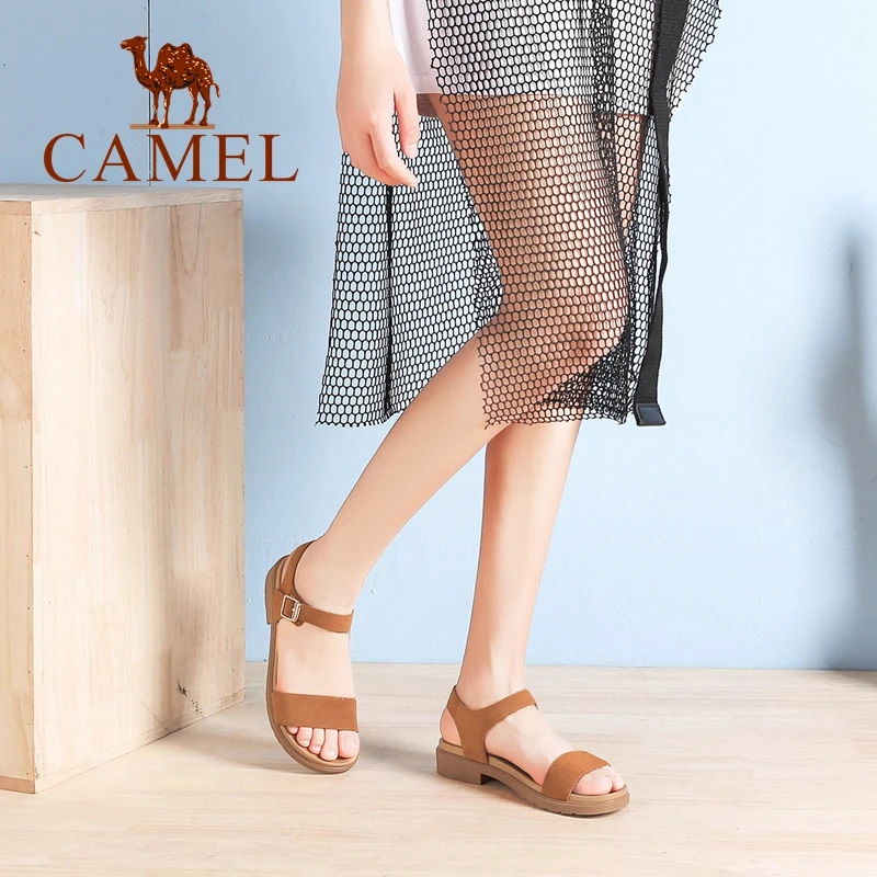 

CAMEL Women's Casual Sandals 2018 Summer New Suede Matte Leather Soft Elegant Flat Buckle Exposed Toe Low Heel Antiskid Sandals