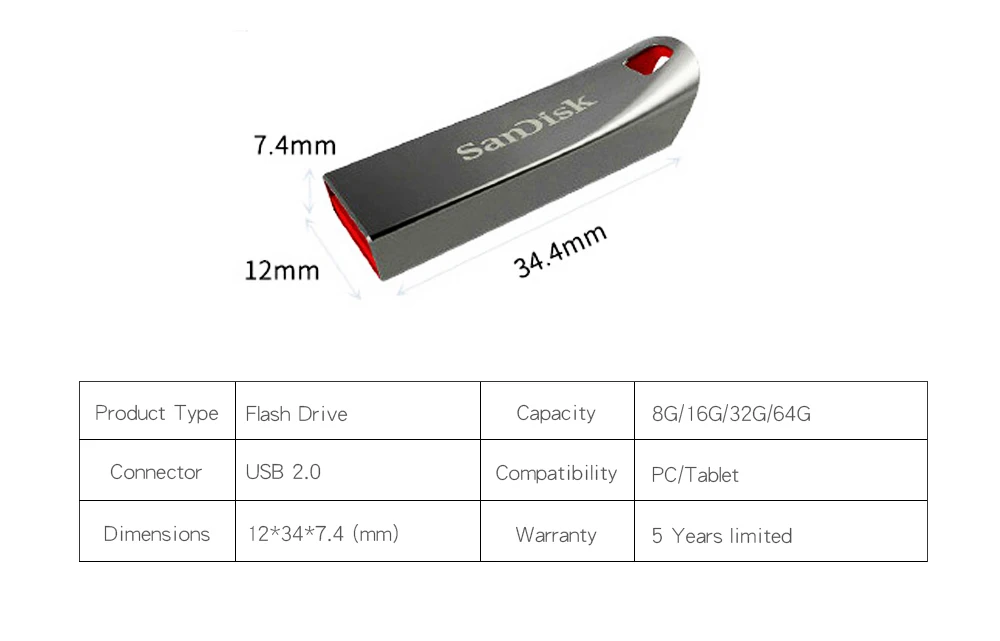SanDisk USB флеш-накопитель CZ71 USB 2,0, 64 ГБ, 32 ГБ, 16 ГБ, 8 Гб