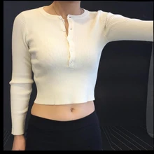 2016 Autumn New Fashion Sexy Slim Elastic Basic Rib Button Knit Long Sleeve Women T Shirt Tee Crop Tops Pullover Knitwear