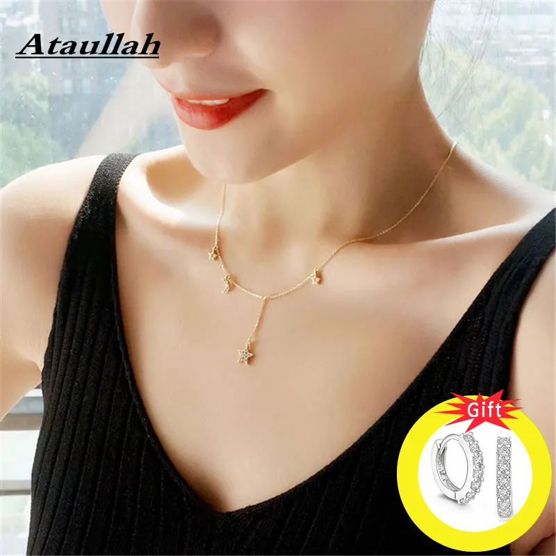 

Ataullah 925 Sterling Silver With Platinum Plated Necklaces Fashion Crystal Stars Moon Pendant Chain Necklace for Women NW006NS