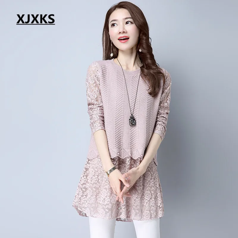 

XJXKS Women Fake Two Pieces Pullovers Sweater Round Neck Knitted And Lace Material Composition Pearl Long Sweaters 8869