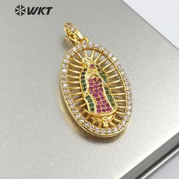 

WT-MP110 Catholicism Token Virgin De Gudalupe Oval Medal With Colorful Micro Pave Pendant Necklace For Women Spiritual Jewelry