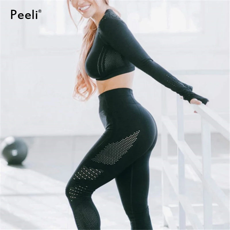 Peeli 2 PC Women Sports Suit Seamless Yoga Set Workout Gym Set Push Up Seamless Leggings Long Sleeve Crop Tops Fitness Clothing