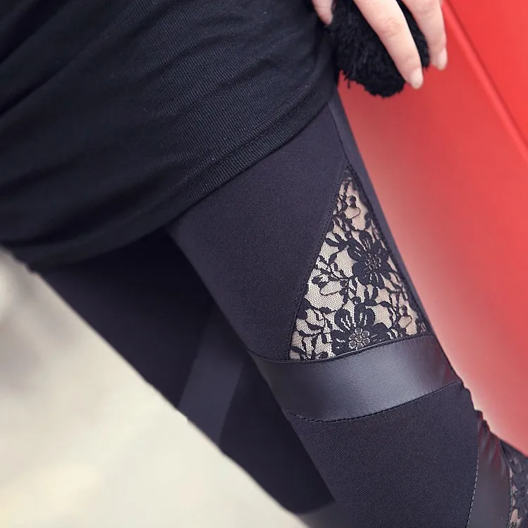 Модные леггинсы треугольные цветочные кружева из искусственной кожи Брюки для девочек пикантные женские 9 брюки Узкие Эластичные штаны для весна-осень