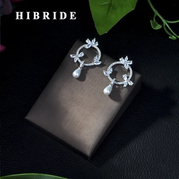 

HIBRIDE Beautiful Charm Flower Cubic Zircon Stud Earrings For Women Brincos Pearl Earring For Wedding Gifts E-396