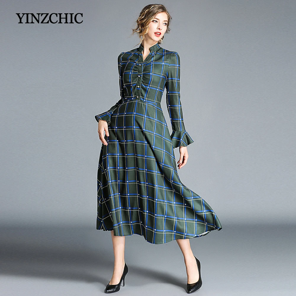 Buy 2018 Woman Fall Midi Long Dress Stand Neck Plaid