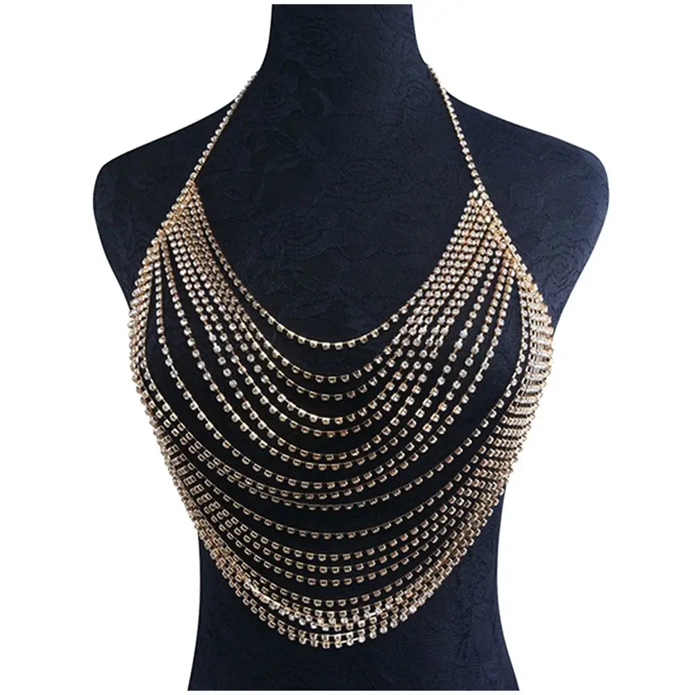 

Women Shiny Rhinestone Multilayer Tassel Bra Bikini Necklace Chain Gold