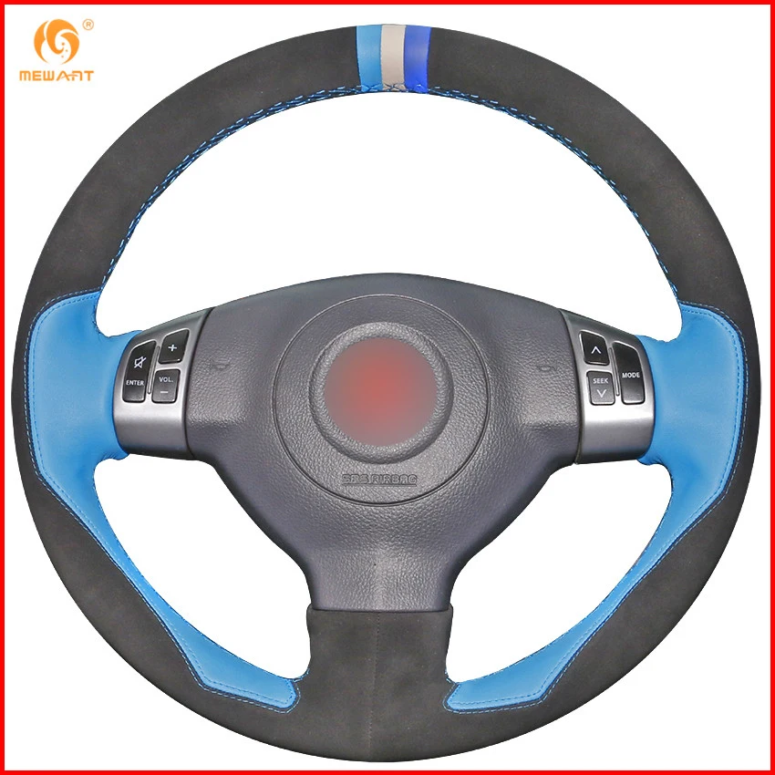 MEWANT Light Blue Leather Black Suede Car Steering Wheel Cover for
