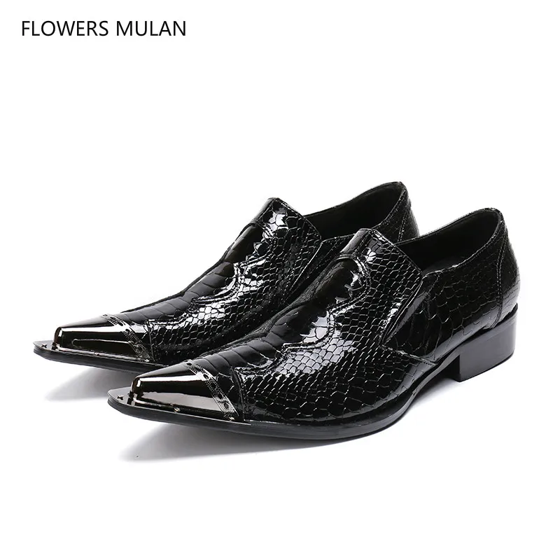 

2018 Brand Name Black Embossed Leather Dress Shoes Men Silver Pointed Toe Slip On Male Business Shoes Low Chunky Heel Scarpa
