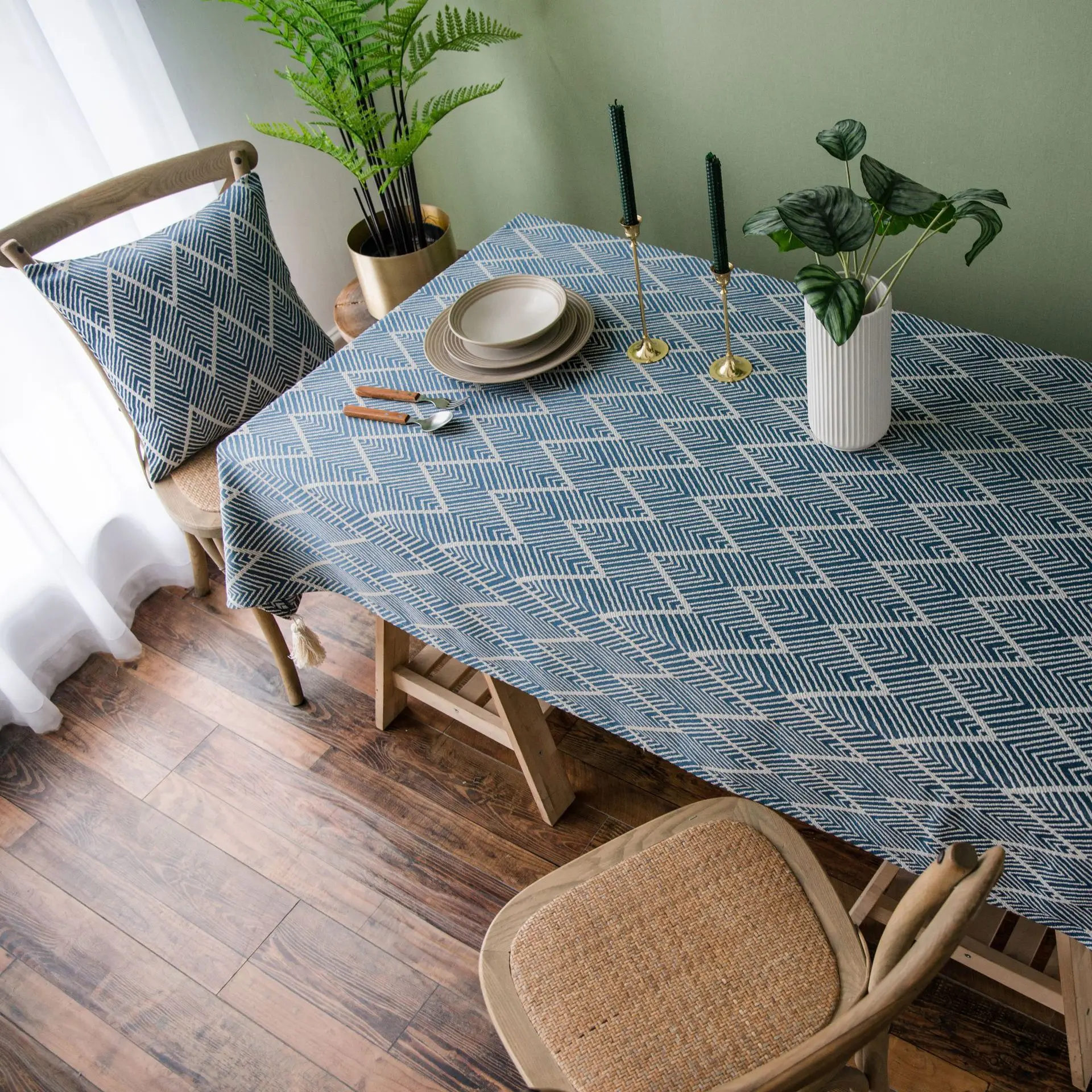  Tibetan Blue Waterproof Jacquard Tablecloth Tri-color tasseled Tablecloth American Rural Household 