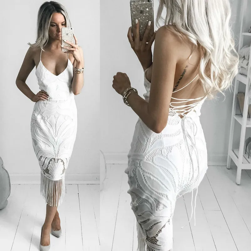 

MUXU white lace dress backless sexy kleider fashion vestidos jurken clothes vetements kleid suspender dress bodycon fringe dress