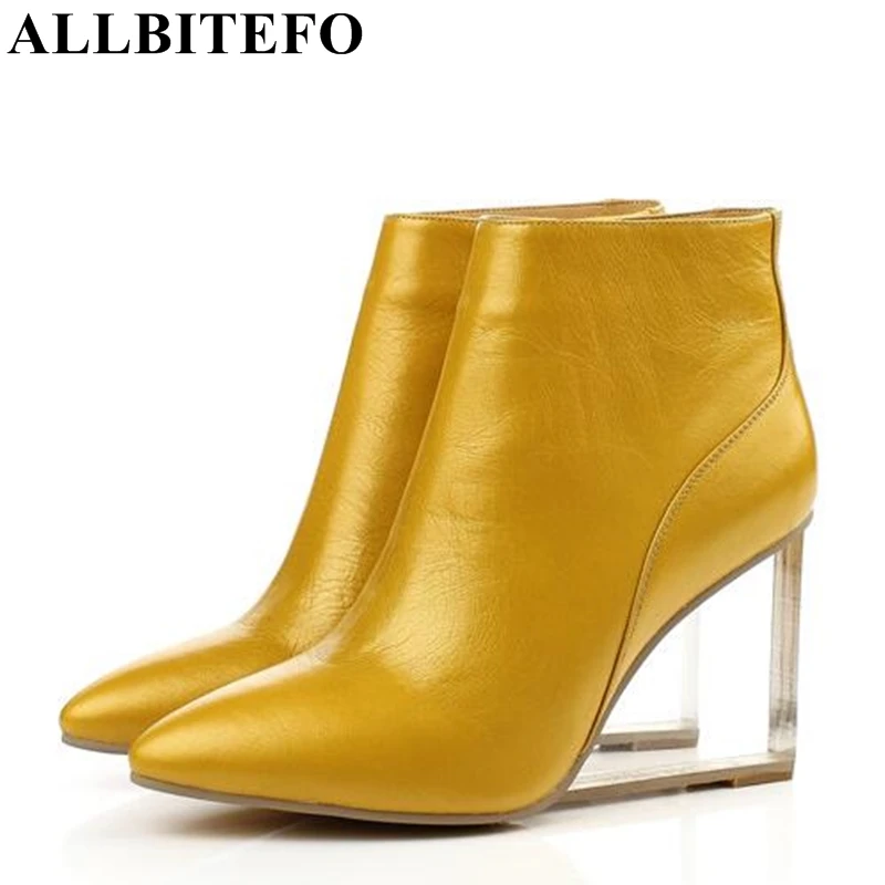 ALLBITEFO/size33-41; брендовые Модные женские ботинки из натуральной кожи; Ботильоны на танкетке со стразами; женские вечерние туфли; женская обувь на высоком каблуке