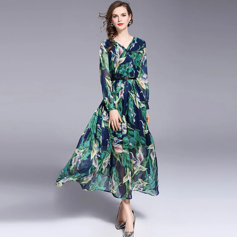 fashion casual v neck long sleeve print dress