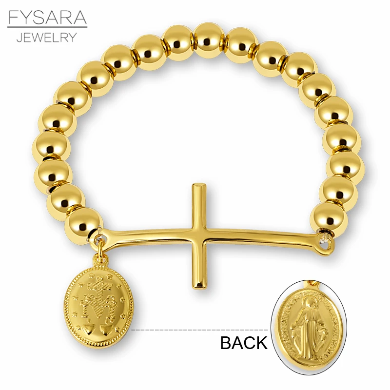 FYSARA браслеты из нержавеющей стали с бисером для женщин и мужчин религиозный с Девой Марией четки крест стрейч Strand браслеты пара ювелирных изделий
