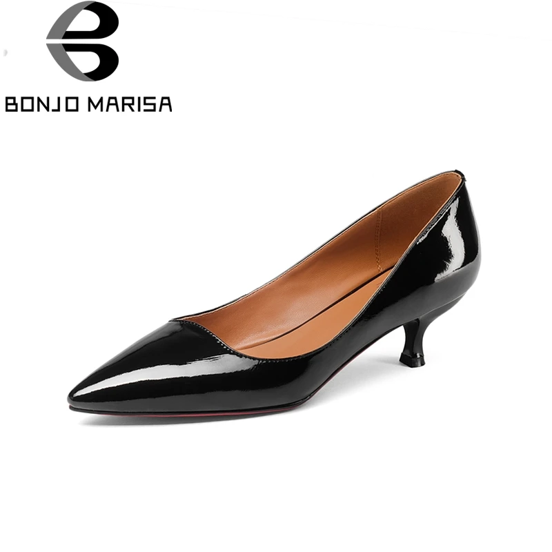 

BONJOMARISA Brand New Genuine Leather Solid Thin Med Heels slip-on Pointed Toe Shoes Woman Fashion Spring Pumps Big Size 33-43