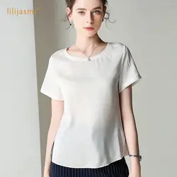Роскошный шелк Для женщин Классический с О-образным вырезом футболка из натурального шелка двойной жоржет, шелк короткий рукав тонкая