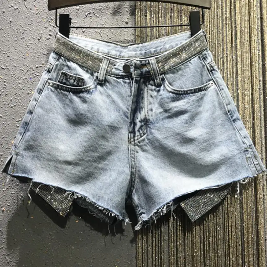 

Rhinestone hot drilling denim shorts women bling 2019 summer new high waist jeans shorts
