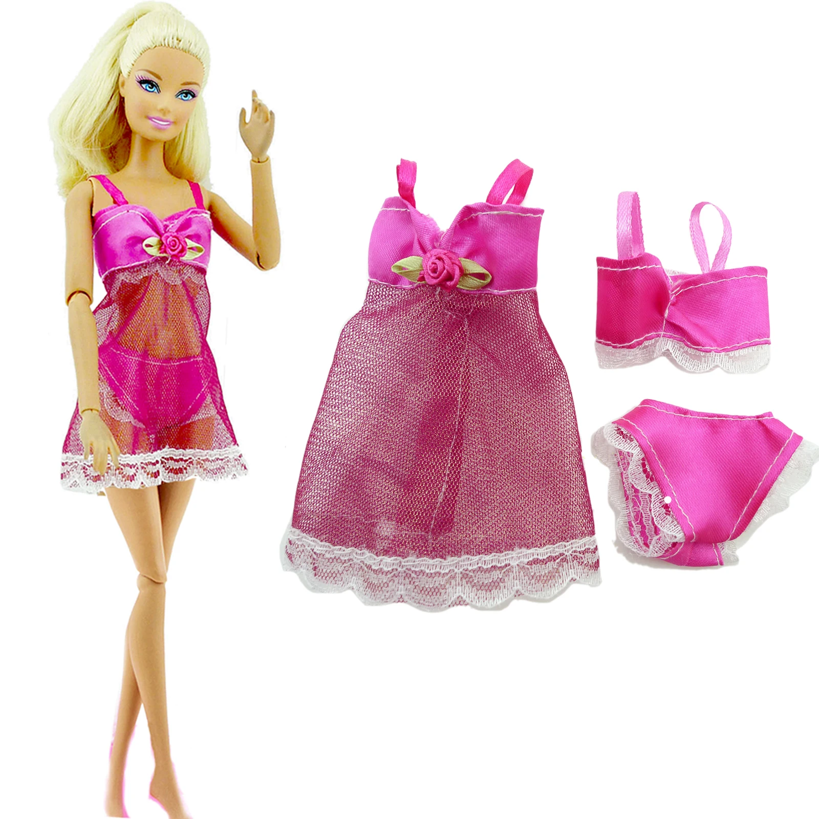 3 Pcs =1 Set Sexy Pajamas Lingerie Lace Costumes+ Bra+ Underwear Dress Clothes for Barbie Doll Clothes Accessories Girl Toy