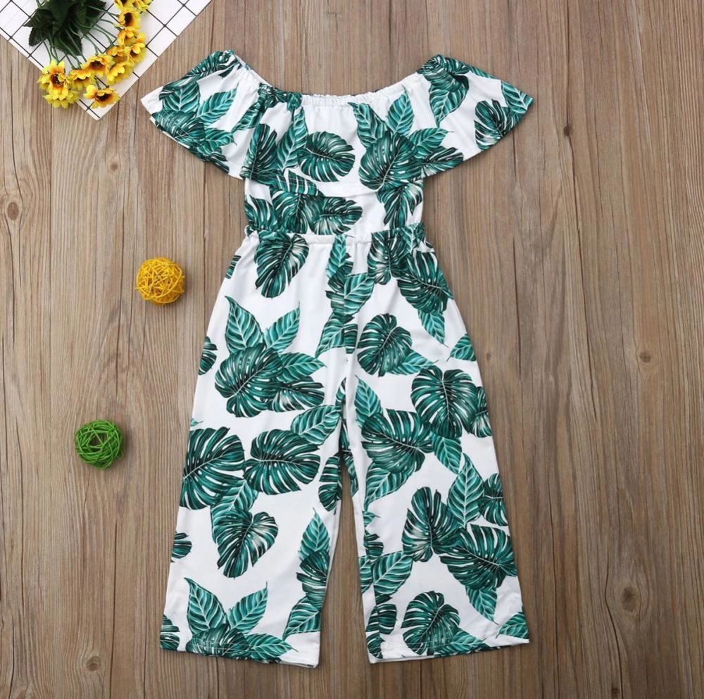 Летняя одежда с открытыми плечами для маленьких девочек, Детский комбинезон с цветочным принтом и зелеными листьями, комбинезоны