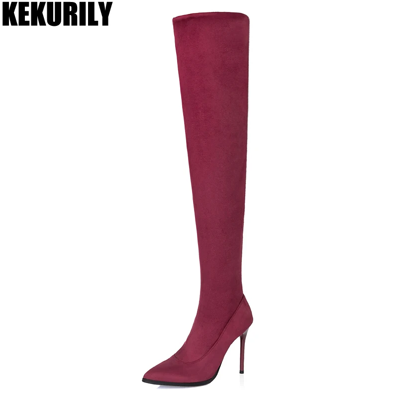 Women Shoes Fashion Over the Knee Boots Pointed toe Socks Boots Slip on High Heels Shoes Black Red Gray Brown zapatos de mujer Women Shoes Fashion Over the Knee Boots Pointed toe Socks Boots Slip on High Heels Shoes Black Red Gray Brown zapatos de mujer