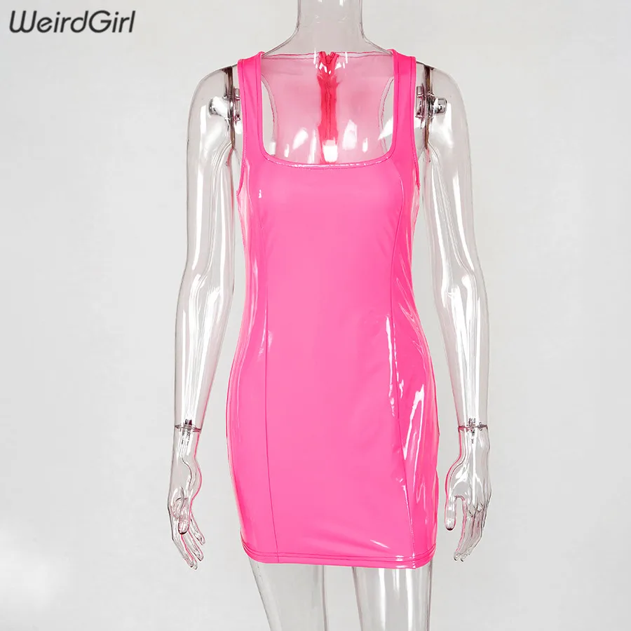 Новое женское летнее облегающее короткое модное яркое платье мини из искусственной кожи на бретелях с квадратным декольте