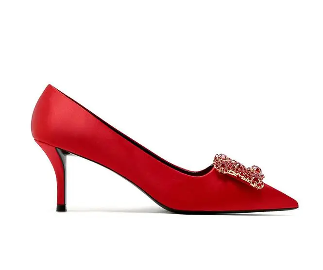 Великолепные женские свадебные туфли-лодочки; Высококлассные шелковые туфли на высоком каблуке с квадратным кристаллом; Элегантные дизайнерские свадебные туфли; 5 цветов; туфли на шпильке - Цвет: Красный