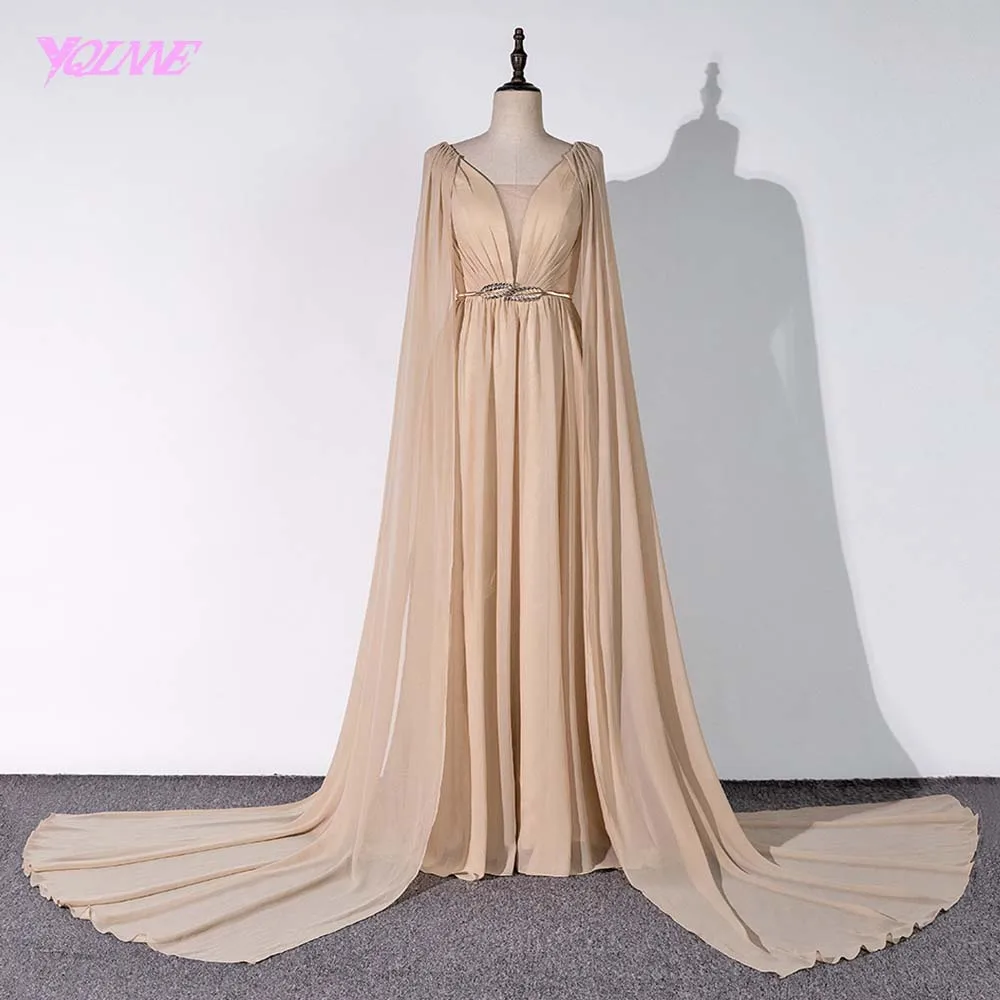 

YQLNNE 2018 Arabic Long Prom Dresses Champagne Pearls Chiffon Evening Gown Vestido De Festa