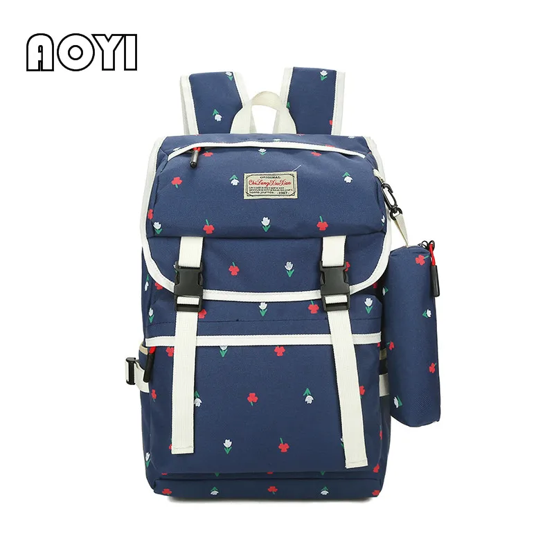 AOYI High Quality Canvas Backpack Large Capacity Bags Flower Decor