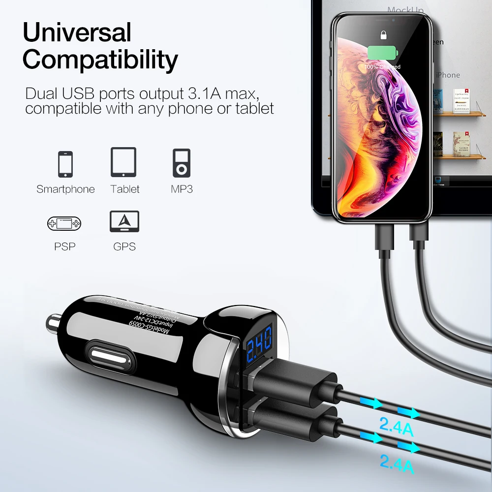 Raxfly Dual USB Автомобильное Зарядное устройство для Samsung Xiaomi телефон Зарядные устройства 2.4a smart digital автомобиля Зарядное устройство для iphone iPad Универсальная зарядка автомобильное зарядное устройство