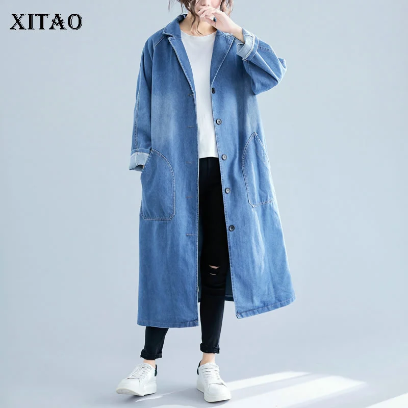 

XITAO Split Plus Size Denim Trench Women Korea Fashion Single Breasted Pocket Long Elegant Wide Waist 2019 Autumn Coat GCC1084