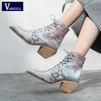 

VANGULL high heel ankle boots women shoes winter woman embroidered boots botines mujer botte femme bottine Flower