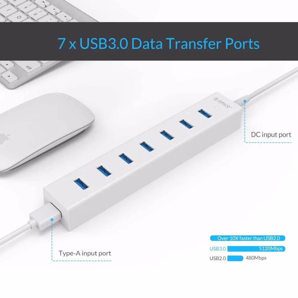 ORICO 7 Порты и разъёмы USB3.0 концентратор штепсельная вилка европейского стандарта с выходом 5V Мощность адаптер сверхскорости USB3.0 5 Гбит/с, быстрая передача данных