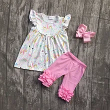 2018 new arrival Super cute pink unicorn sleeves baby girls Summer boutique clothing pink icing capris with matching bow