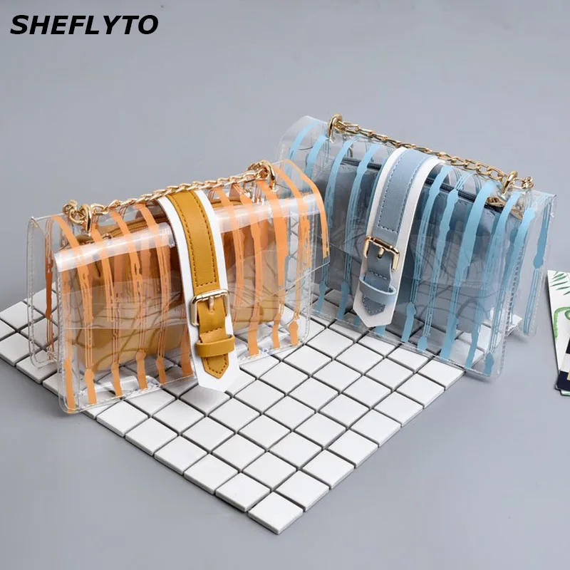 

2019 Luxury Women Handbags Transparent PVC Women Messenger Crossbody Bag Chains Candy Color Fashion Shoulder Bags Female Flaps