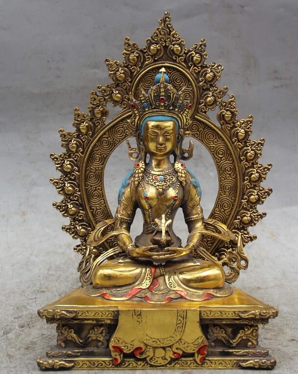 

S07178 11" Chinese Tibetan Buddhism Bronze Painting Long Life Amitayus Buddha Statue