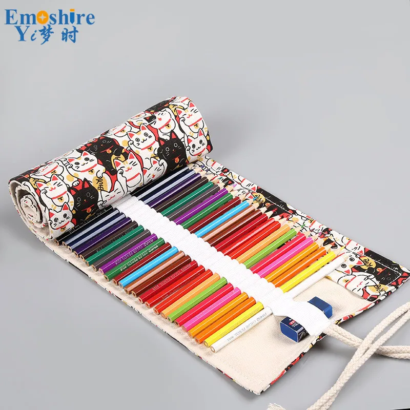 Emoshire Lucky cat print handmade canvas art curtain 36 48 72 hole large capacity pencil pen color lead sketch stationery bag (6)