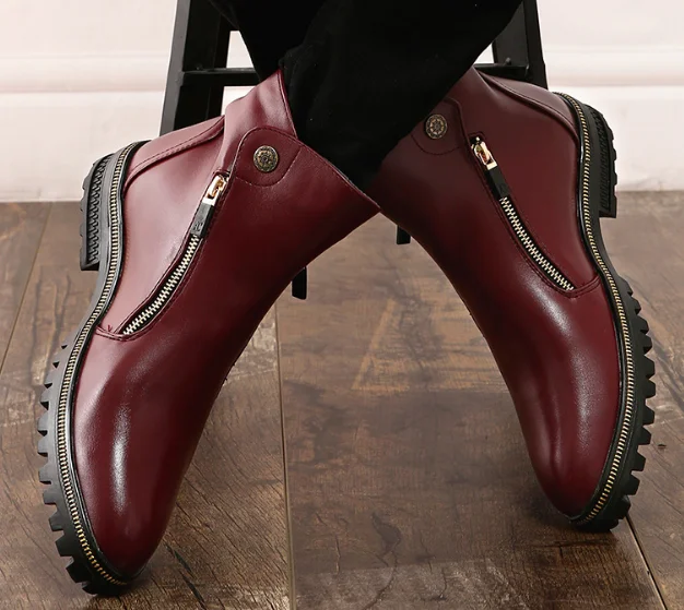Ботильоны круглый носок молния Для мужчин ботинки челси среднем шитья твердый винтажные мотоботы для отдыха британский стиль обувь