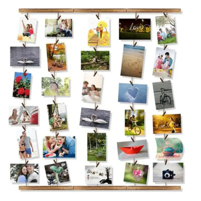 

Wooden Picture Photo Frame For Wall Decor Ajustable Twines Collage Artworks Prints Organizer Hanging Display Frames 28x26in