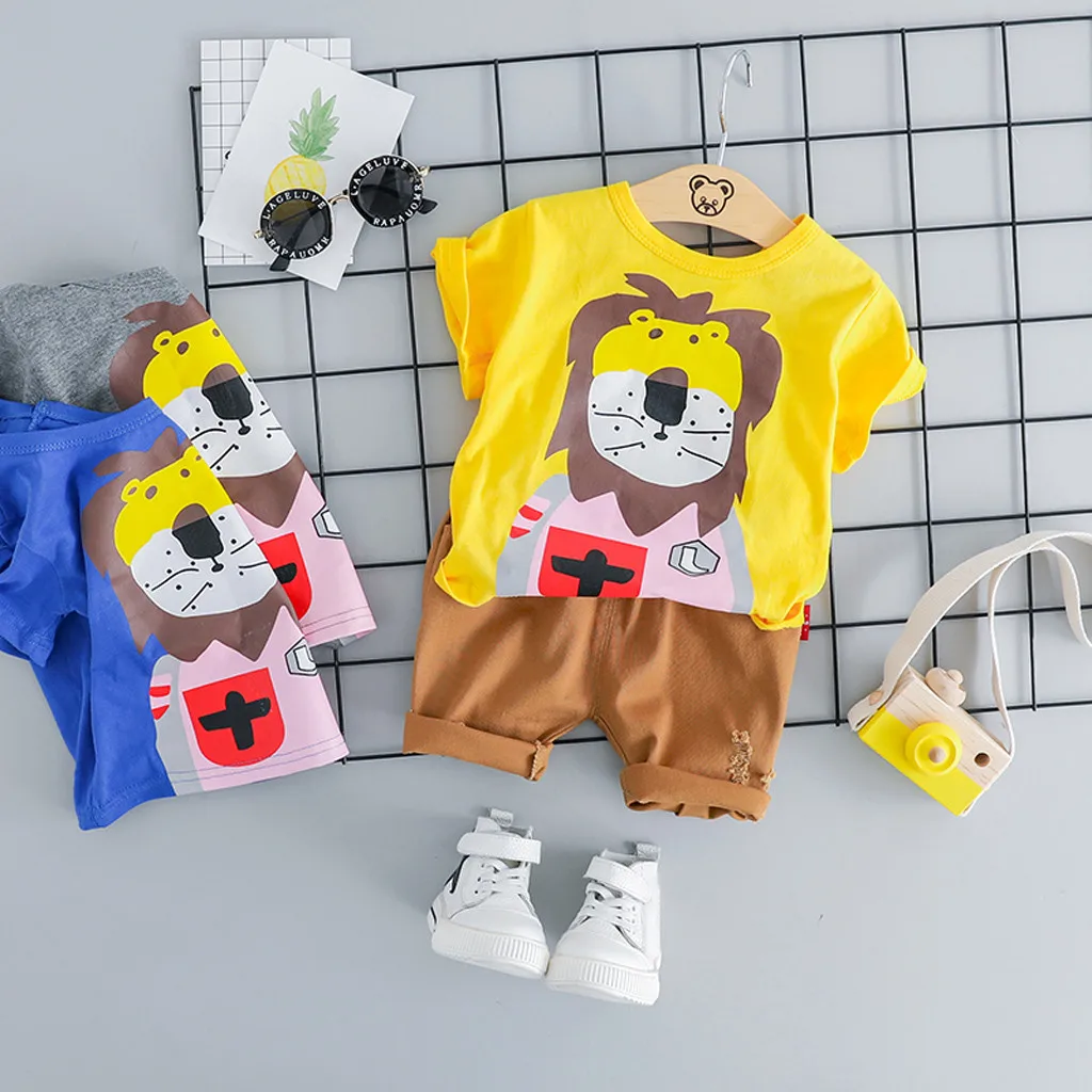 

2019 New Arrival Baby Set Toddler Baby Kids Boy Cartoon Lion Tops T-shirt Solid Short Pants Casual Outfits Baby Cloth Drop Ship