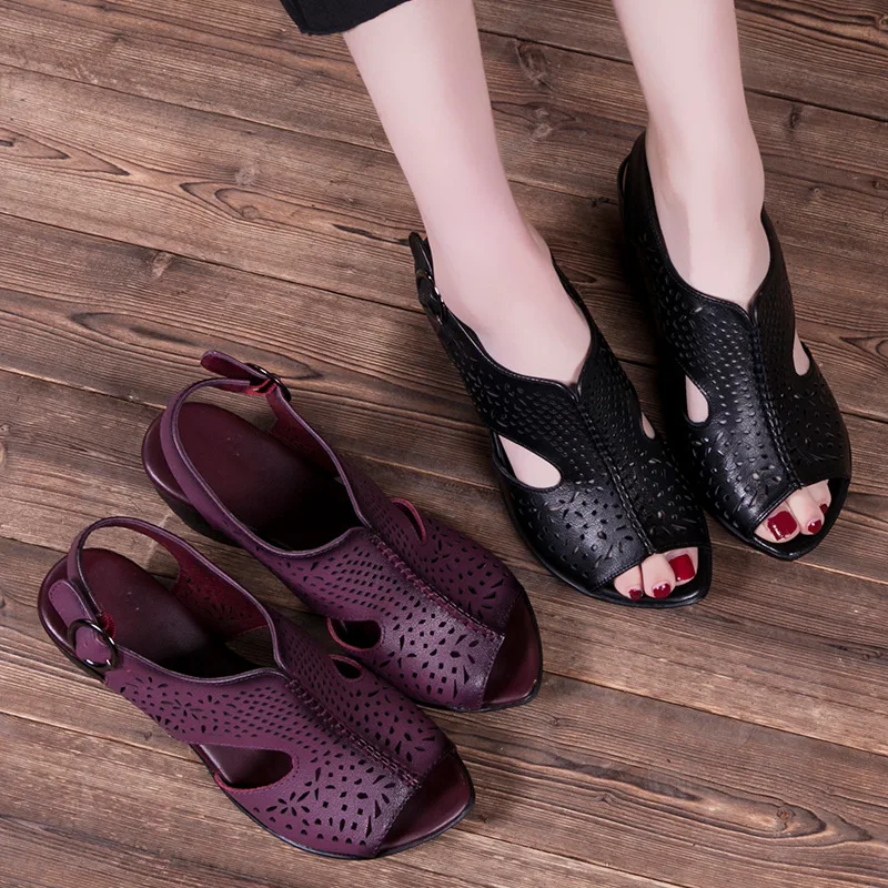 

Nice Summer New Thick Heels Genuine Leather Women Shoes Personality Cut Out Women Sandals Retro Handmade Sandals Sapato