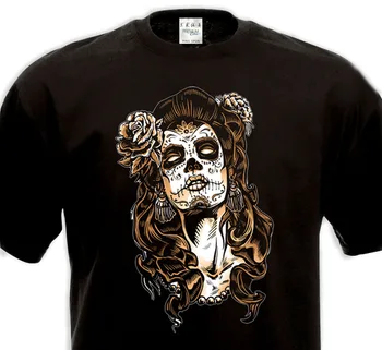 

High Quality Custom Printed Tops Hipster Tees T-Shirt CATRINA Tattoo Mexique Tatouage Calavara Print Tshirt Summer Short