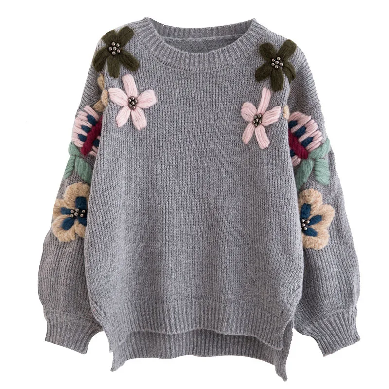 Женский винтажный свитер с жемчужинами элегантный Свободный пуловер цветочной