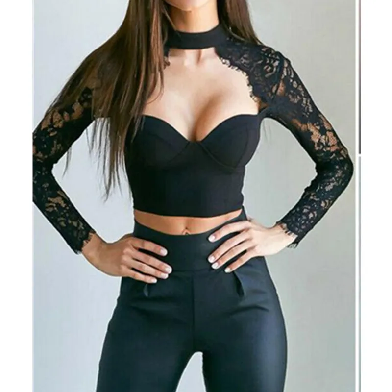 

Women Sexy Lace Patchwork Tops Long Sleeve Push Up Padded Bra Sexy Crop Tops Ladies Lace T-Shirt Tops Slim Tops Fashion W3