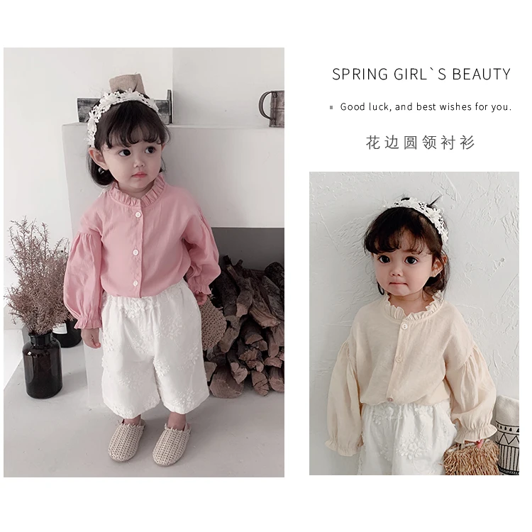

Spring 2019 Korean Edition Simple Lace-and-Round-collar Kids Girl Shirt Pure Color Trumpet Cuff Infant Girls Blousese Kids