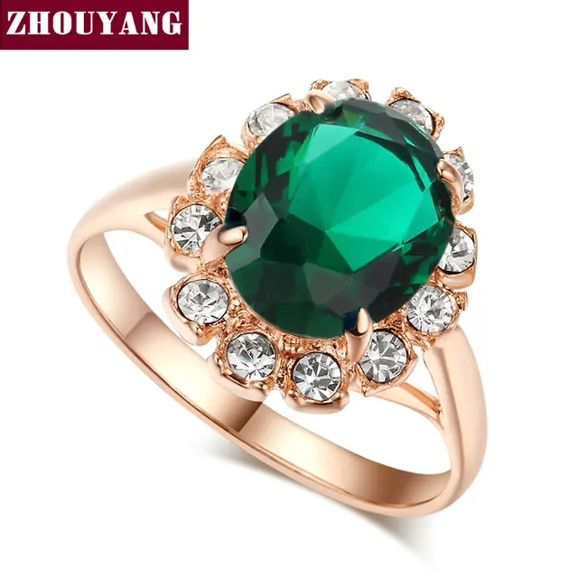 ZHOUYANG Top Quality Rose Gold Color Created Green Crystal Finger Rings Elegant ZHOUYANG Top Quality Rose Gold Color Created Green Crystal Finger Rings Elegant