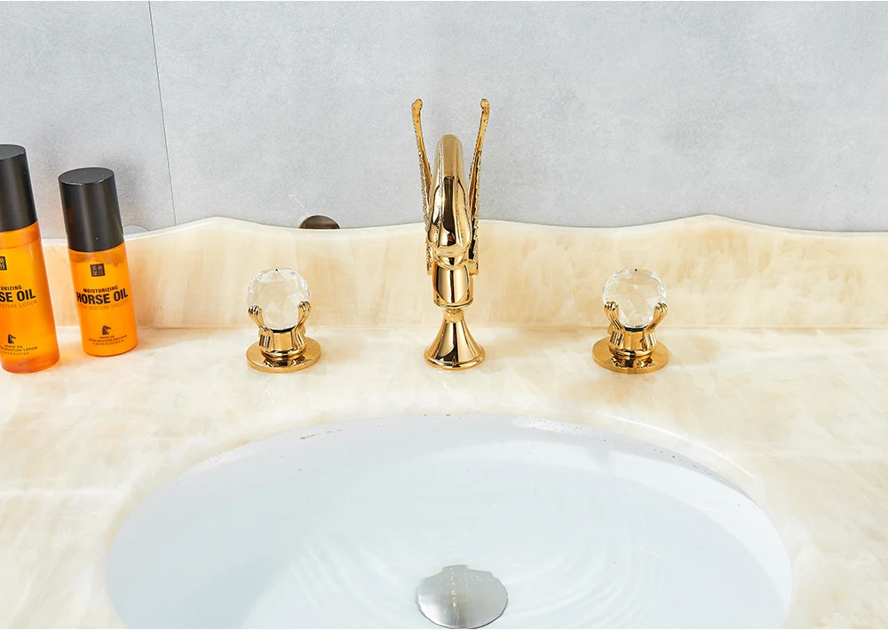 Swan Basin Faucet Luxury Deck Mounted Dual Crystal Handle Mixer Tap