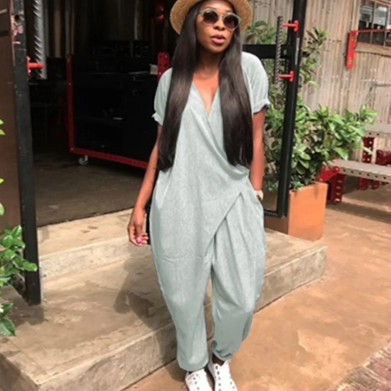 

Women Casual Loose Jumpsuit Deep V Neck Short Sleeve Tie-Waist Pocket Summer Jumpsuit Plus Size Playsuit Rompers Grey/Blue/Black