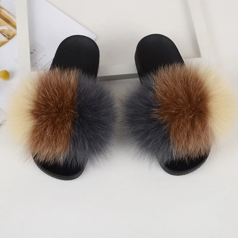 New Mixed Color Real Fox Fur Slippers Slides Casual Shoes Fluffy Slippers Flip Flops Furry Shoes Women