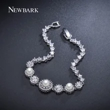 NEWBARK 3pcs Simulated Pearl Bracelet 7pcs Flower Bracelets For Women Tiny CZ Diamond Paved White Gold Plated Jewelry Pulseira