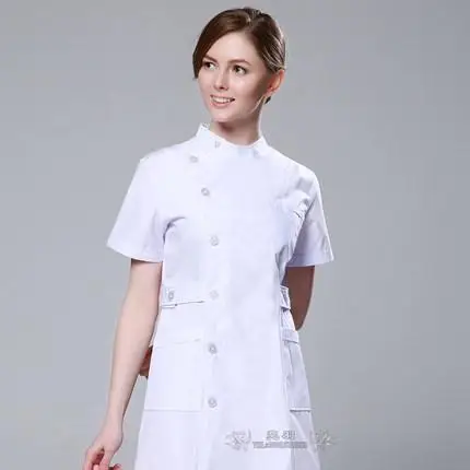 Дешевый короткий рукав Slim Fit Одежда для медсестер медицинская и спа-Униформа белые скрабы гостиничные формы - Цвет: stand collar white